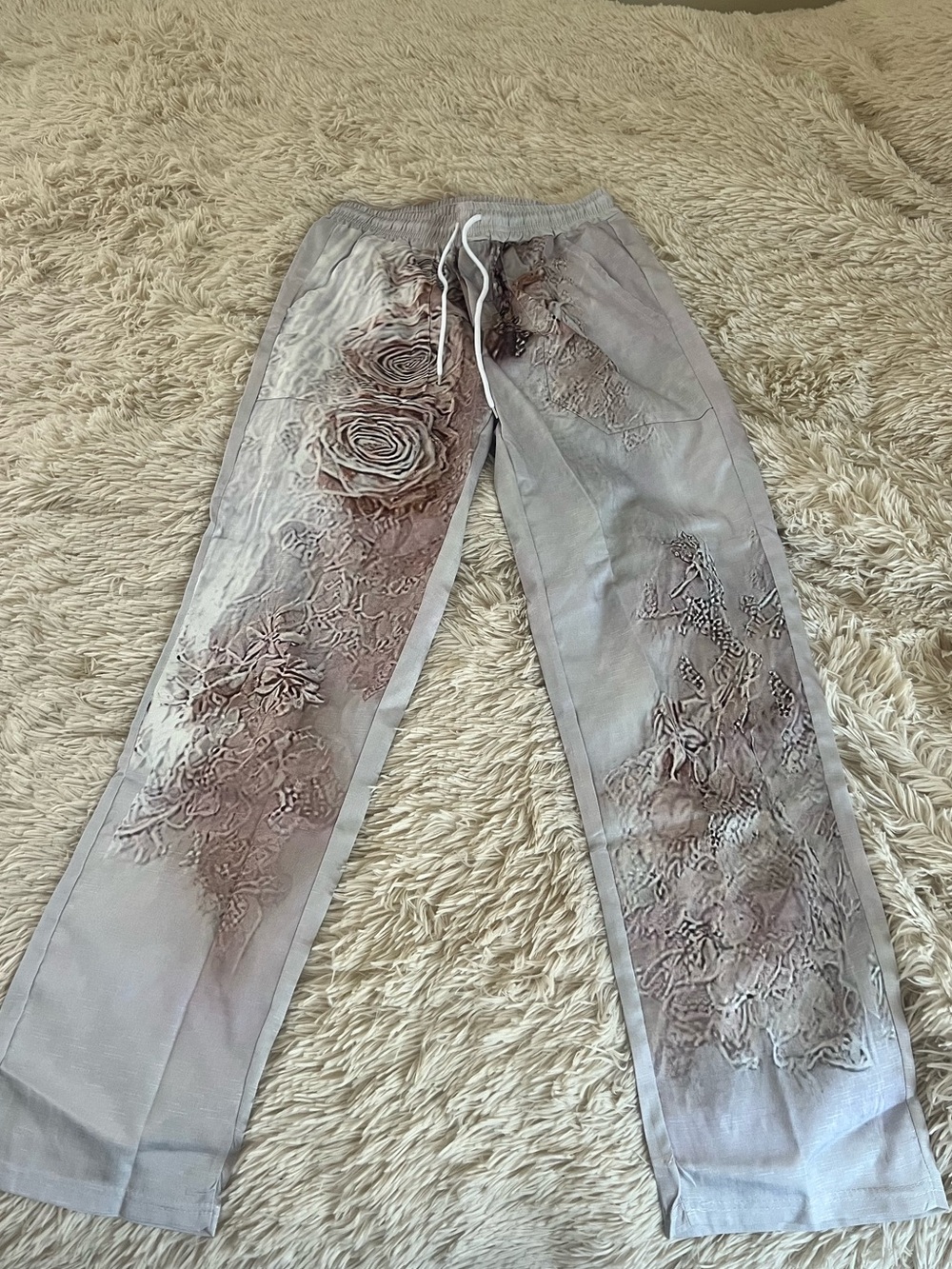 Embroidered Floral Drawstring Pants in Light Gray and Taupe